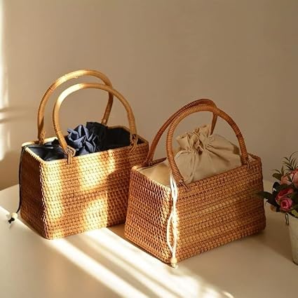 🌿✨ Rattan Picnic Tote Bag – Handmade Summer Woven Handbag 🧺🌞